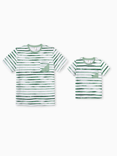 Daddy & Son Cotton Outfits Set Green Striped T-Shirt and Dress Set for Dad, Mom, Kids & Baby, Perfect for Summer Family Outings & Photos Green