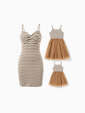 Matching Striped Dresses for Mommy & Me  Twist-Front Dress with Tulle Skirt, Perfect for Summer Family Outings & Photos Khaki