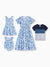 Mommy & me Outfits Blue Floral Print Dress & Color Block Tee Set, Mommy Daddy and Me Summer Beach Vacation Coordinates Blue