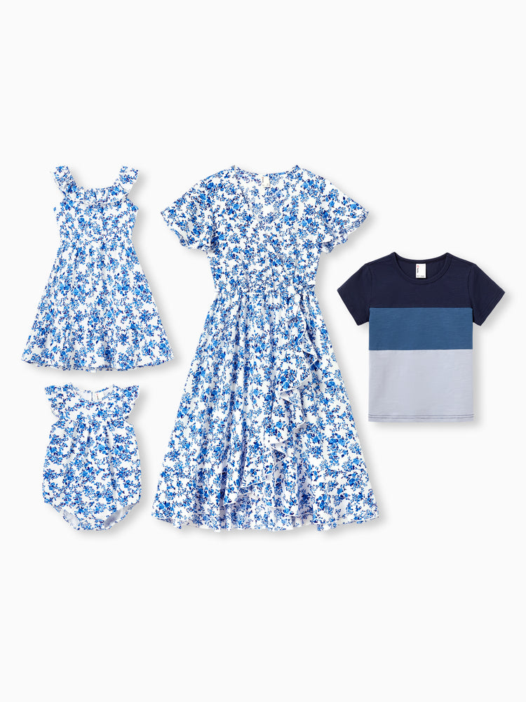 Mommy & Ich Outfits Blaues Kleid mit Blumenmuster & Colorblock-T-Shirt-Set, Mommy Daddy und Ich Sommer Strandurlaub Koordination Blau