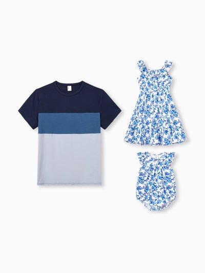 Daddy & Daughter Outfits Blue Floral Print Dress & Color Block Tee Set, Mommy Daddy and Me Summer Beach Vacation Coordinates Blue