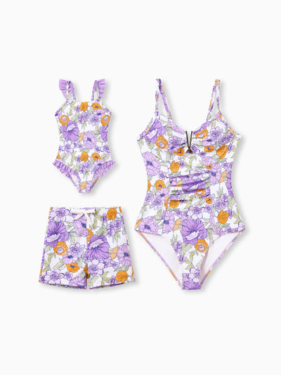Mommy & me Floral Print Swimsuits Ruffled One-Piece Bathing Suit & Swim Trunks Set Purple