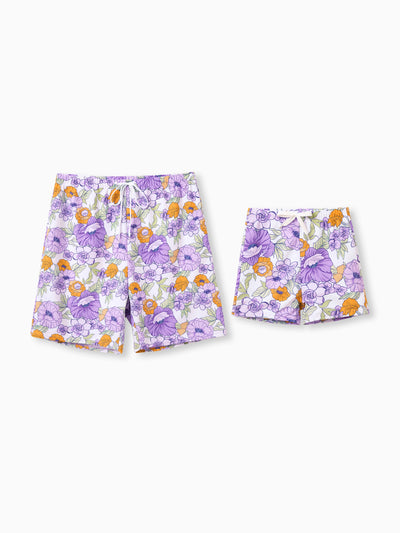 Daddy & Son Floral Print Swimsuits Ruffled One-Piece Bathing Suit & Swim Trunks Set Purple