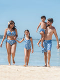 Matching Family Shell Print Swimwear Floral two-piece Bikini & Swim Shorts Set for Mom, Dad, & Kids, Perfect for Beach Days & Pool Parties Blue