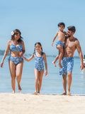 Matching Family Shell Print Swimwear Floral two-piece Bikini & Swim Shorts Set for Mom, Dad, & Kids, Perfect for Beach Days & Pool Parties Blue