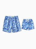 Daddy & Son Shell Print Swimwear Floral two-piece Bikini & Swim Shorts Set for Mom, Dad, & Kids, Perfect for Beach Days & Pool Parties Blue