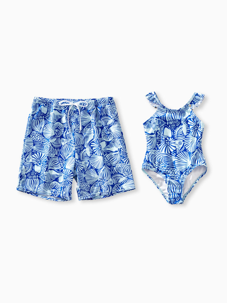 Daddy & Daughter Shell Print Swimwear Floral two-piece Bikini & Swim Shorts Set for Mom, Dad, & Kids, Perfect for Beach Days & Pool Parties Blue