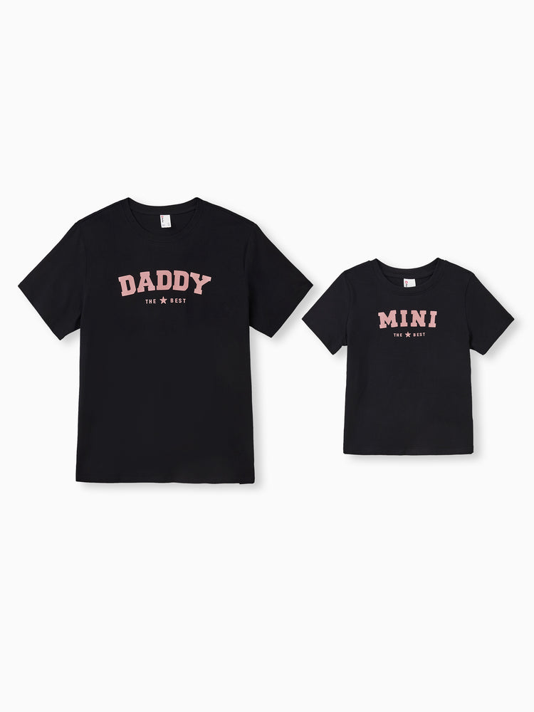 Daddy & Son Cotton T-Shirt & Dress Set Daddy / Mini Print Black Tee for Dad and boy, Floral Print splicing Dress for Mom, girl and Baby, Perfect for Summer Family Outings Black