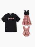 Daddy & Daughter Cotton T-Shirt & Dress Set Daddy / Mini Print Black Tee for Dad and boy, Floral Print splicing Dress for Mom, girl and Baby, Perfect for Summer Family Outings Black