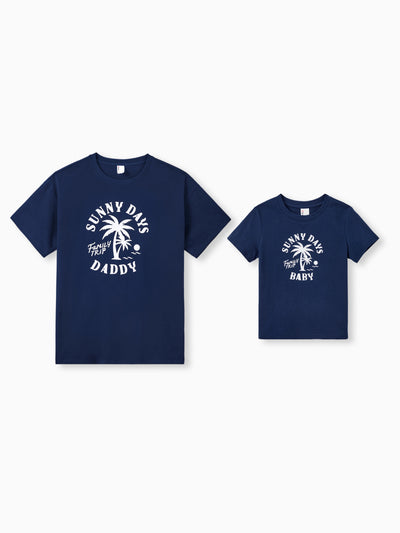 Daddy & Son Cotton T-Shirt & Dress Set – Sunny Days Palm Print for Dad, Mom, Baby & Toddler, Perfect for Summer Vacations & Family Outings Tibetan blue