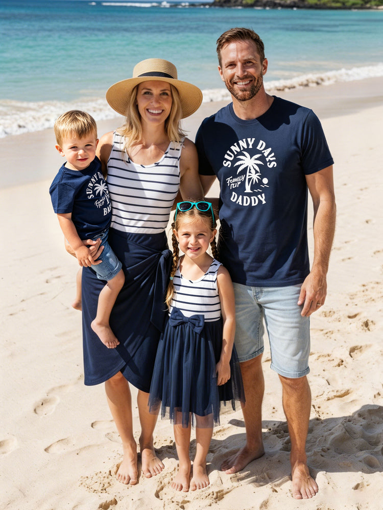Family Matching Cotton T-Shirt & Dress Set – Sunny Days Palm Print for Dad, Mom, Baby & Toddler, Perfect for Summer Vacations & Family Outings Tibetan blue