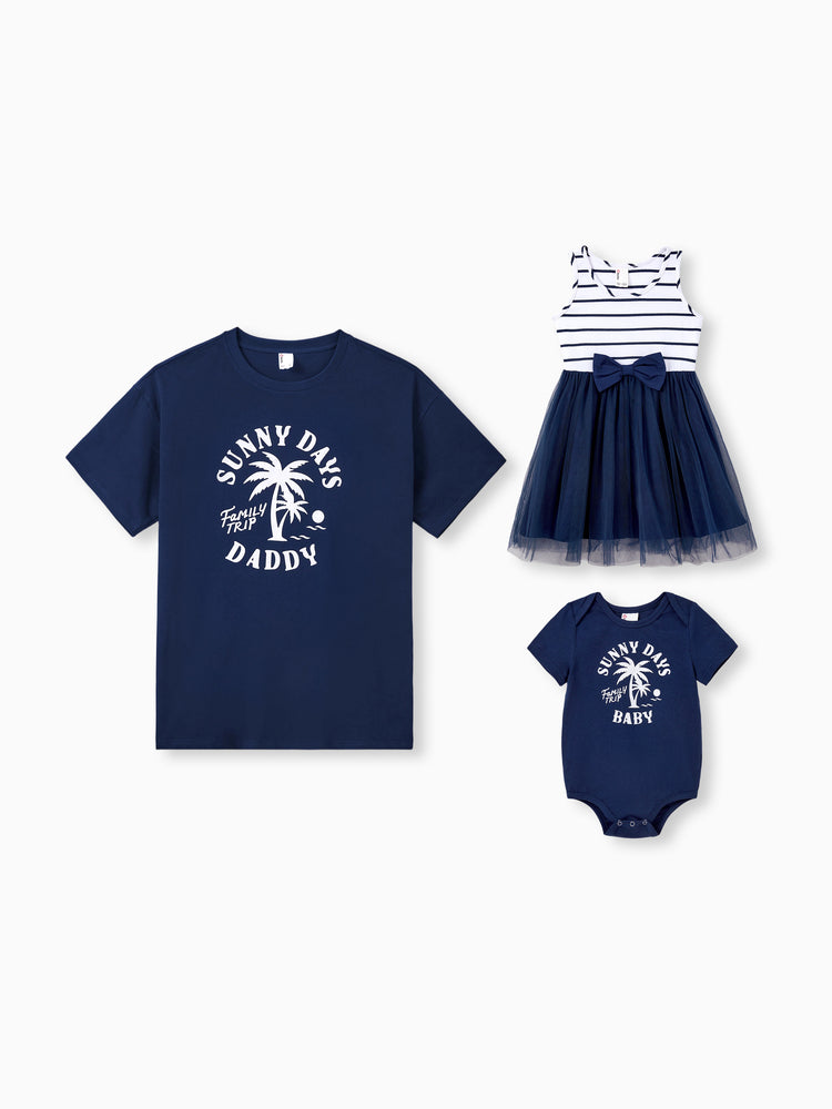 Daddy & Daughter Cotton T-Shirt & Dress Set – Sunny Days Palm Print for Dad, Mom, Baby & Toddler, Perfect for Summer Vacations & Family Outings Tibetan blue