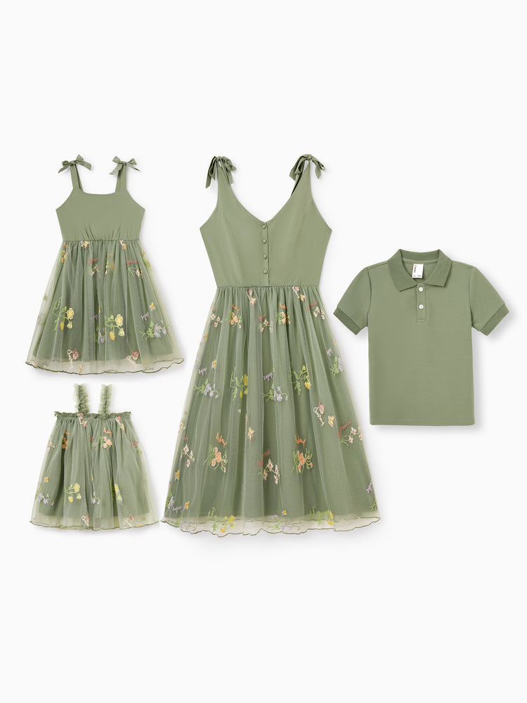 Mama & ich Polo-Kragen Kurzarm-Hemd oder V-Ausschnitt Träger-Mesh-Kleid Grün