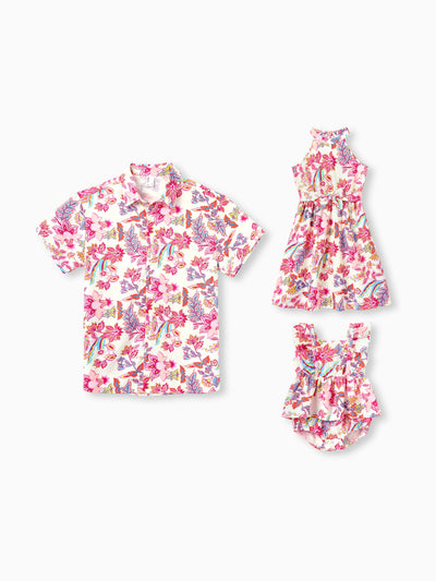 Daddy & Daughter Outfits Set Tropical Flora Print Short-sleeve Collar Shirt or Halter Belted Dress for Summer Vacation Beige