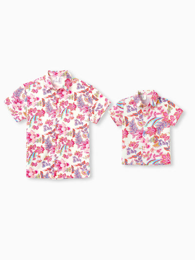 Daddy & Son Outfits Set Tropical Flora Print Short-sleeve Collar Shirt or Halter Belted Dress for Summer Vacation Beige