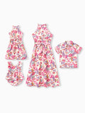 Mommy & me Outfits Set Tropical Flora Print Short-sleeve Collar Shirt or Halter Belted Dress for Summer Vacation Beige