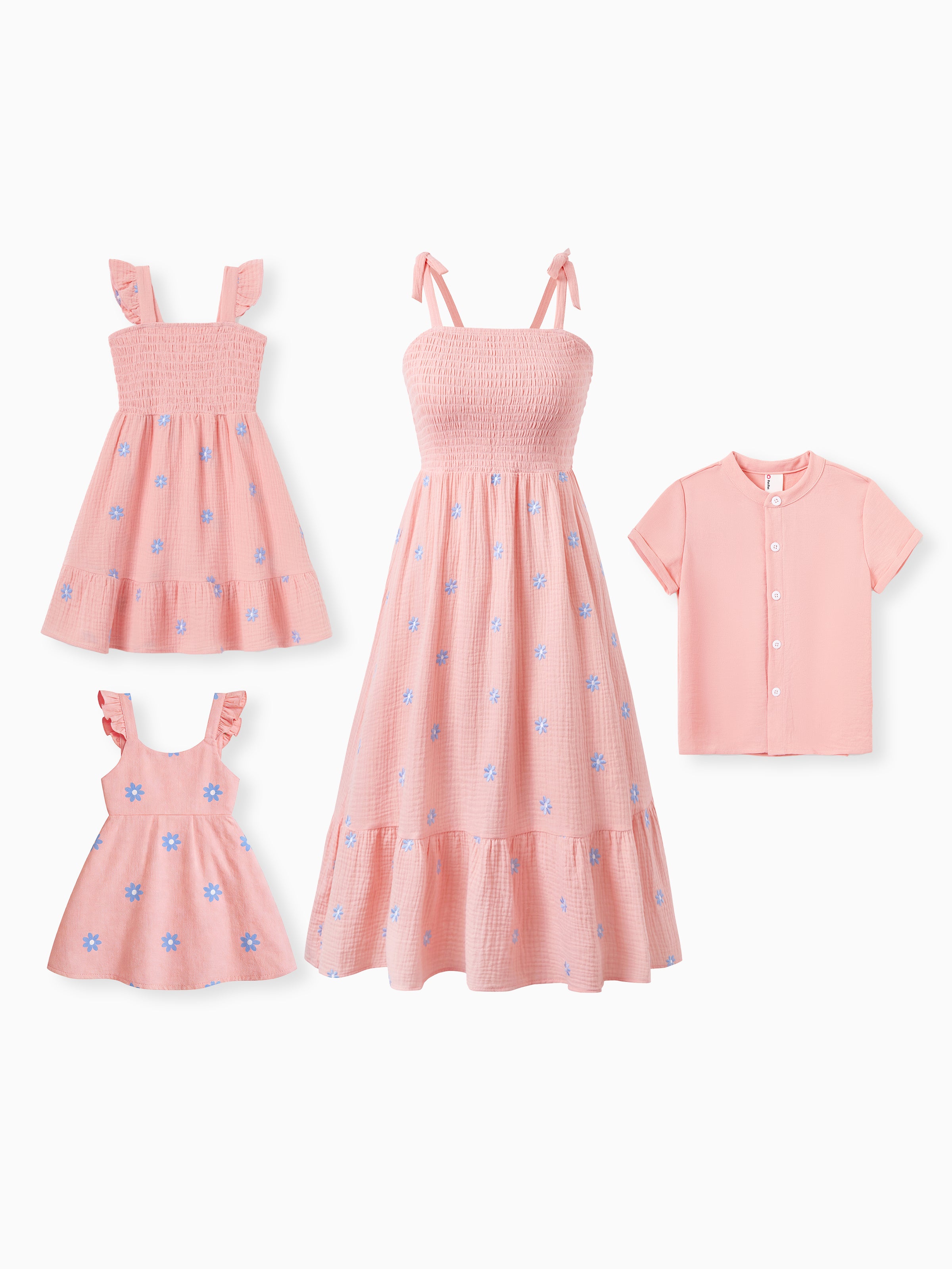 mommy and me pink dresses Mommy & me Pink Outfits Flower Print Smocked Tie-Back Cotton Dress for