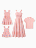 Mommy & me Pink Outfits Flower Print Smocked Tie-Back Cotton Dress for Mom & Daughter, Solid Shirts for Son, Perfect for Summer Family Outings & Photos Mauve Pink