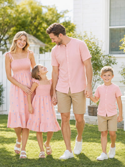 Family Matching Pink Outfits Flower Print Smocked Tie-Back Cotton Dress for Mom & Daughter, Solid Shirts for Dad & Son, Perfect for Summer Family Outings & Photos Mauve Pink