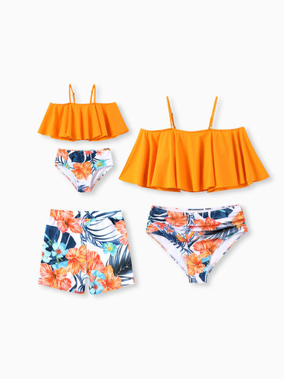 Mommy & me Swimwear Tropical Floral Bikini Set with Ruffle Top for Mom & Daughter, Board Shorts for Dad & Son, Bright Summer Beach Outfits Orange