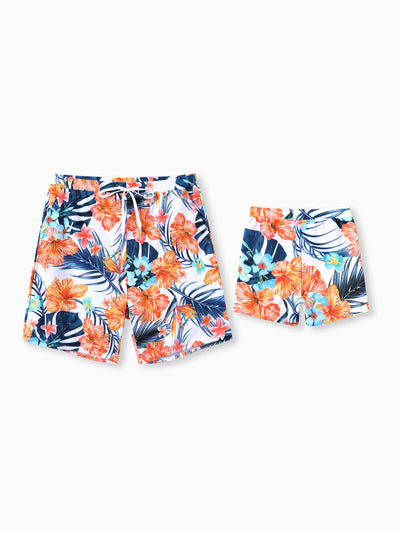 Daddy & Son Swimwear Tropical Floral Bikini Set with Ruffle Top for Mom & Daughter, Board Shorts for Dad & Son, Bright Summer Beach Outfits Orange