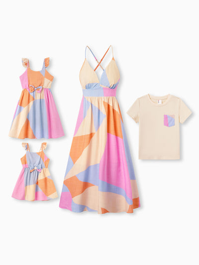Mommy & me Outfits Set Colorblock Sleeveless Strappy Dress or Short-sleeve T-shirt Multi-color