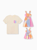 Daddy & Daughter Outfits Set Colorblock Sleeveless Strappy Dress or Short-sleeve T-shirt Multi-color