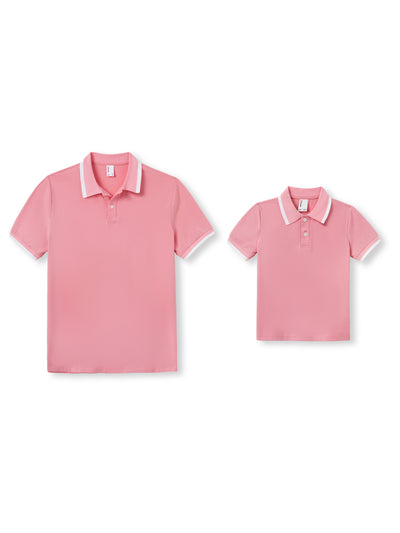 Daddy and Me Family Matching Outfits Set Solid Color Short-sleeve Polo Collar Shirt or Flower Print Hollow out Dress  Pink