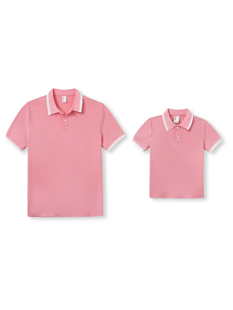 Daddy and Me Family Matching Outfits Set Solid Color Short-sleeve Polo Collar Shirt or Flower Print Hollow out Dress  Pink