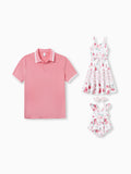 Daddy & Daughter Outfits Set Solid Color Short-sleeve Polo Collar Shirt or Flower Print Hollow out Dress Pink