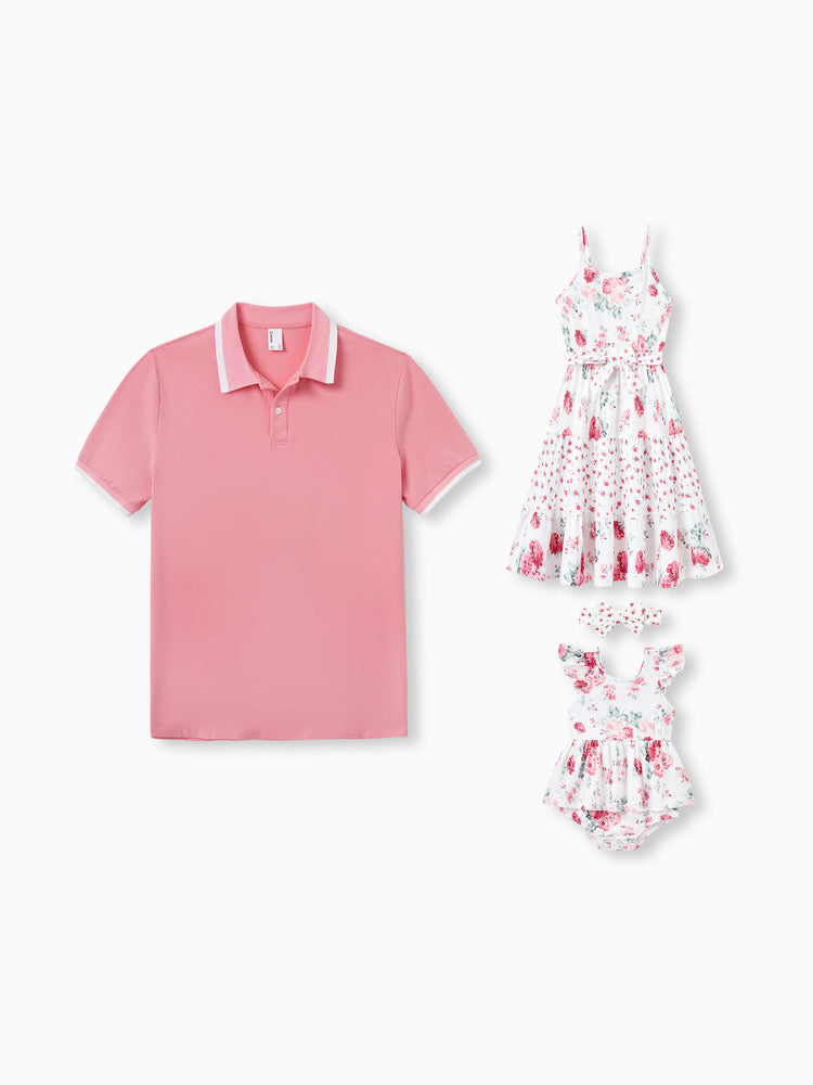 Daddy & Daughter Outfits Set Solid Color Short-sleeve Polo Collar Shirt or Flower Print Hollow out Dress Pink