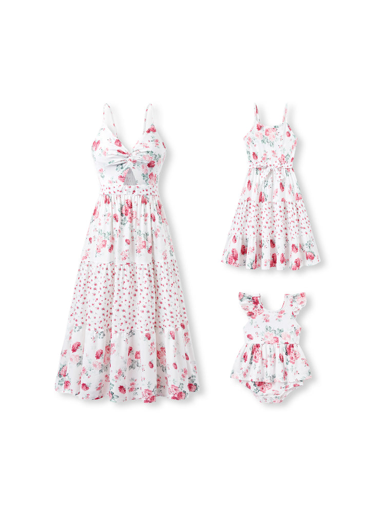 Mommy and Me Family Matching Outfits Set Solid Color Short-sleeve Polo Collar Shirt or Flower Print Hollow out Dress  Pink