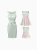 Matching Mommy & Me "Besties" Dresses Pastel Tulle Skirt for Girls, Ribbed Bodycon Dress for Mom, Perfect for Family Outings & Photos Pale Green