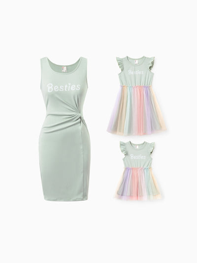 Matching Mommy & Me "Besties" Dresses Pastel Tulle Skirt for Girls, Ribbed Bodycon Dress for Mom, Perfect for Family Outings & Photos Pale Green