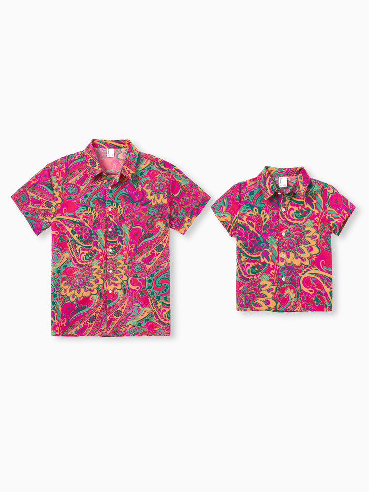 Conjunto de ropa para papá e hijo Camisa de manga corta con cuello para vacaciones de verano Rosa fuerte