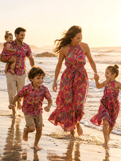 Family Matching Outfit Set Trägerloses Neckholder-Kleid mit Gürtel oder Kurzarm-Hemd mit Kragen für den Sommerurlaub Hot Pink