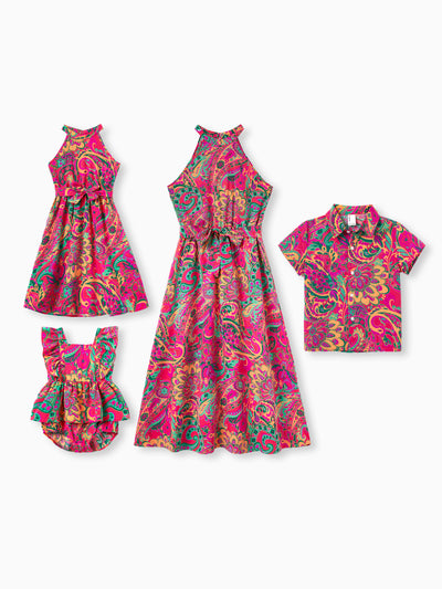 Mommy & me Outfit Set Sleeveless Halter Belted Dress or Short-sleeve Collar Shirt   for Summer Vacation Hot Pink