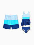 Daddy & Daughter Color Block Swimsuits One Shoulder Swim Dress / Swim Trunks Set Blue