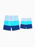 Daddy & Son Color Block Swimsuits One Shoulder Swim Dress / Swim Trunks Set Blue