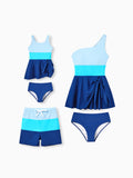 Mommy & me Color Block Swimsuits One Shoulder Swim Dress / Swim Trunks Set Blue