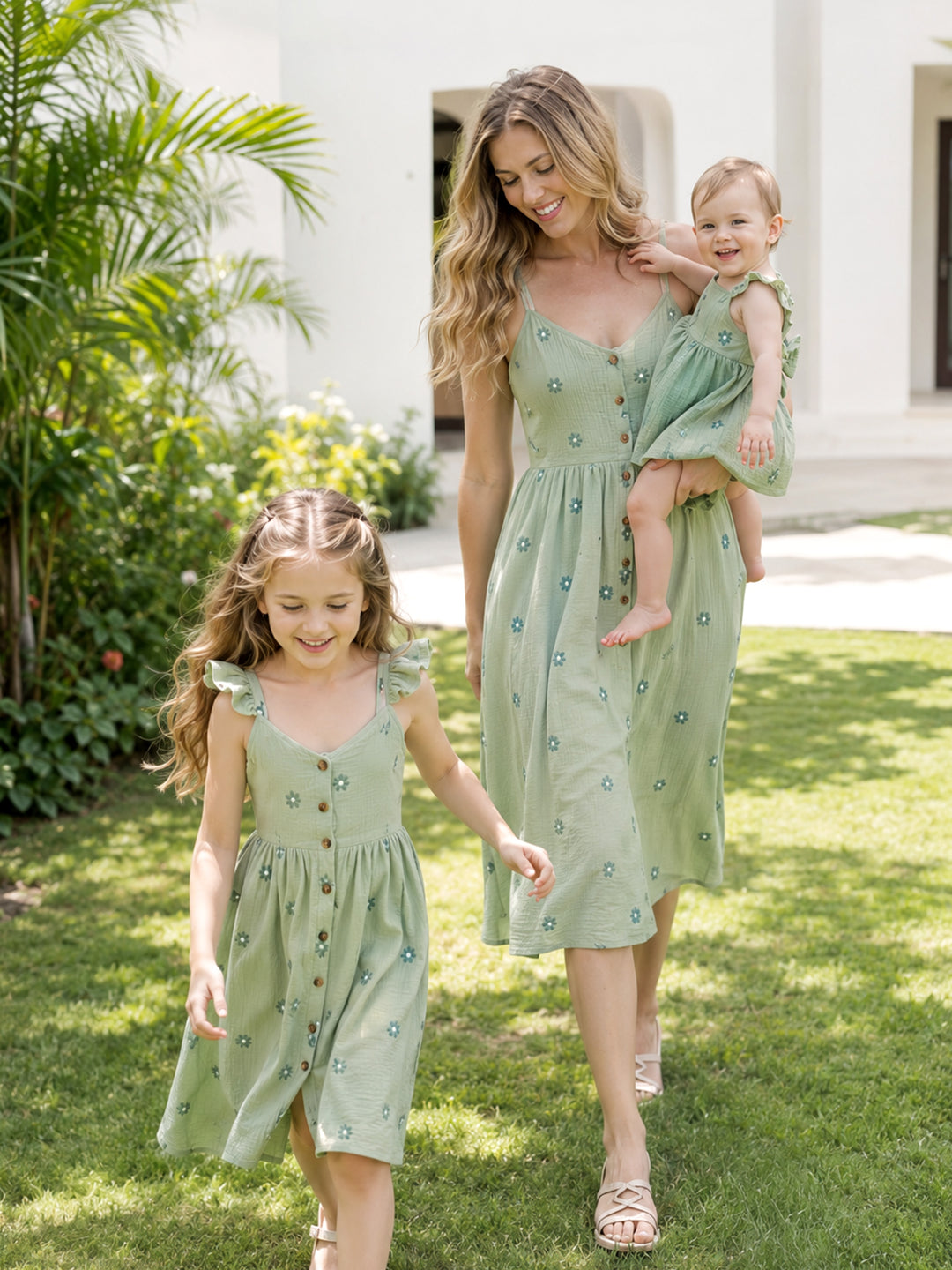 Matching Floral Cotton Dresses for Mom & Me Button-Down Smocked Floral Strap Dress for Mom, Baby Girl Ruffle Dress with Bow, Perfect for Summer Family Outings & Photos Pale Green