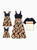 Mommy & me Set Floral Sleeveless Strappy Dress or Colorblock Short-sleeve T-shirt Black