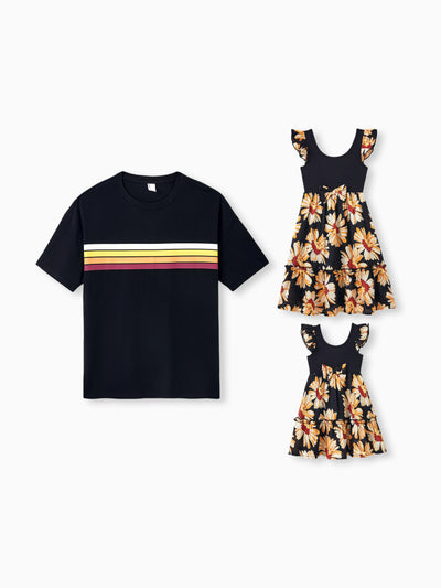 Daddy & Daughter Set Floral Sleeveless Strappy Dress or Colorblock Short-sleeve T-shirt Black