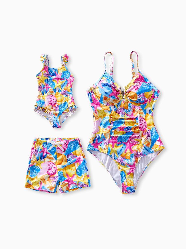 Mommy & me Seashell & Starfish Print Swimsuits Ruched One-Piece & Swim Trunks Set Multi-color