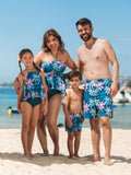 Family Matching Swimsuits Tropical Palm Tree Print, Mommy and Me Ruffle two-piece Swimsuit, Daddy and Son Swim Trunks Set, Beach Vacation Swimwear Turquoise