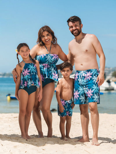 Family Matching Swimsuits Tropical Palm Tree Print, Mommy and Me Ruffle two-piece Swimsuit, Daddy and Son Swim Trunks Set, Beach Vacation Swimwear Turquoise