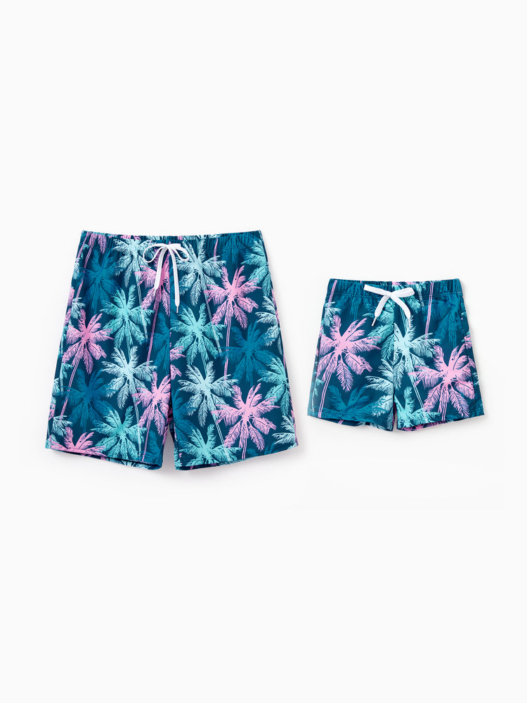 Daddy & Son Swimsuits Tropical Palm Tree Print,Daddy and Son Swim Trunks Set, Beach Vacation Swimwear Turquoise