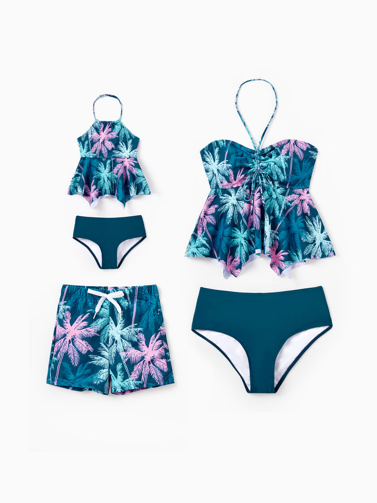 Mommy & me Swimsuits Tropical Palm Tree Print, Mommy and Me Ruffle two-piece Swimsuit, Beach Vacation Swimwear Turquoise