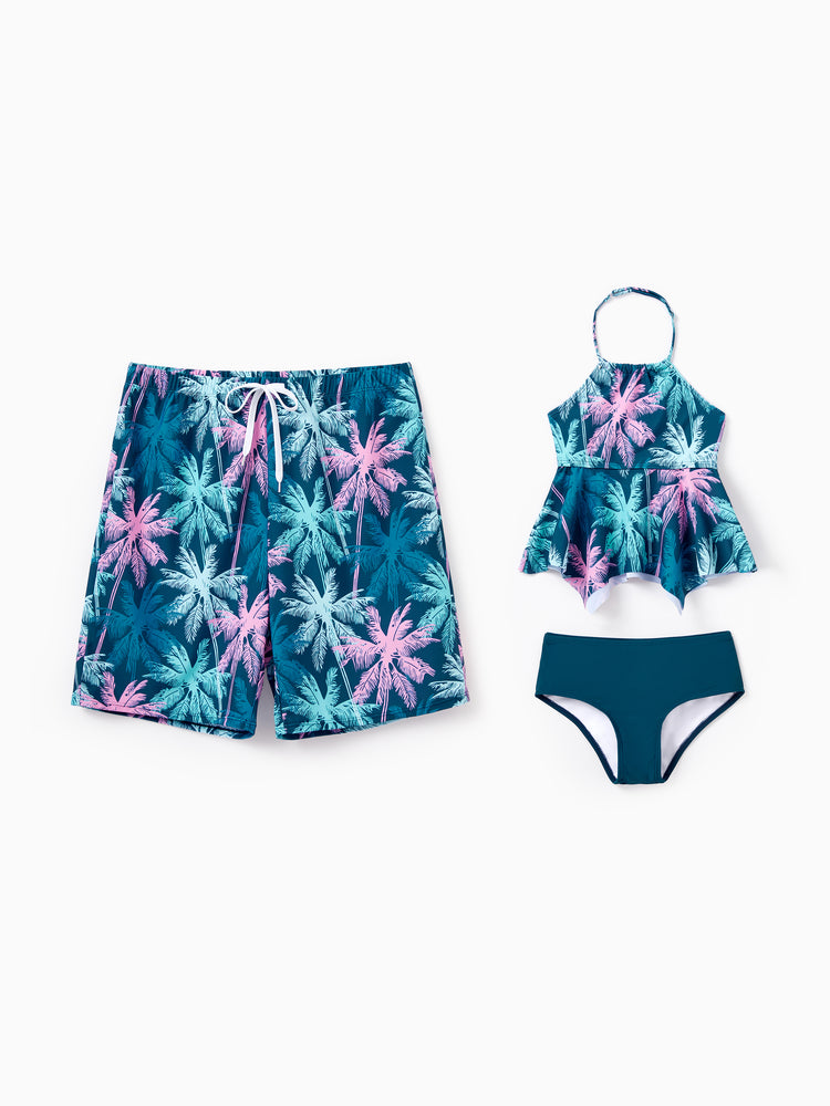 Daddy & Daughter Swimsuits Tropical Palm Tree Print, Beach Vacation Swimwear Turquoise