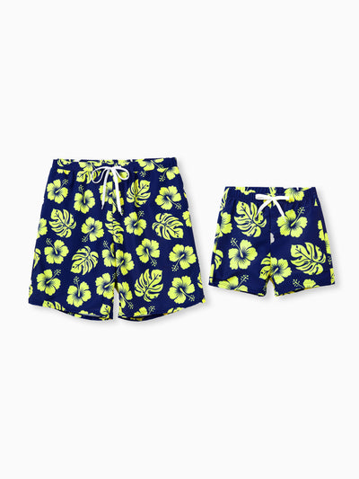 Daddy & Son Tropical Floral Swimsuits Halter Bikini & Swim Trunks Set Deep Blue